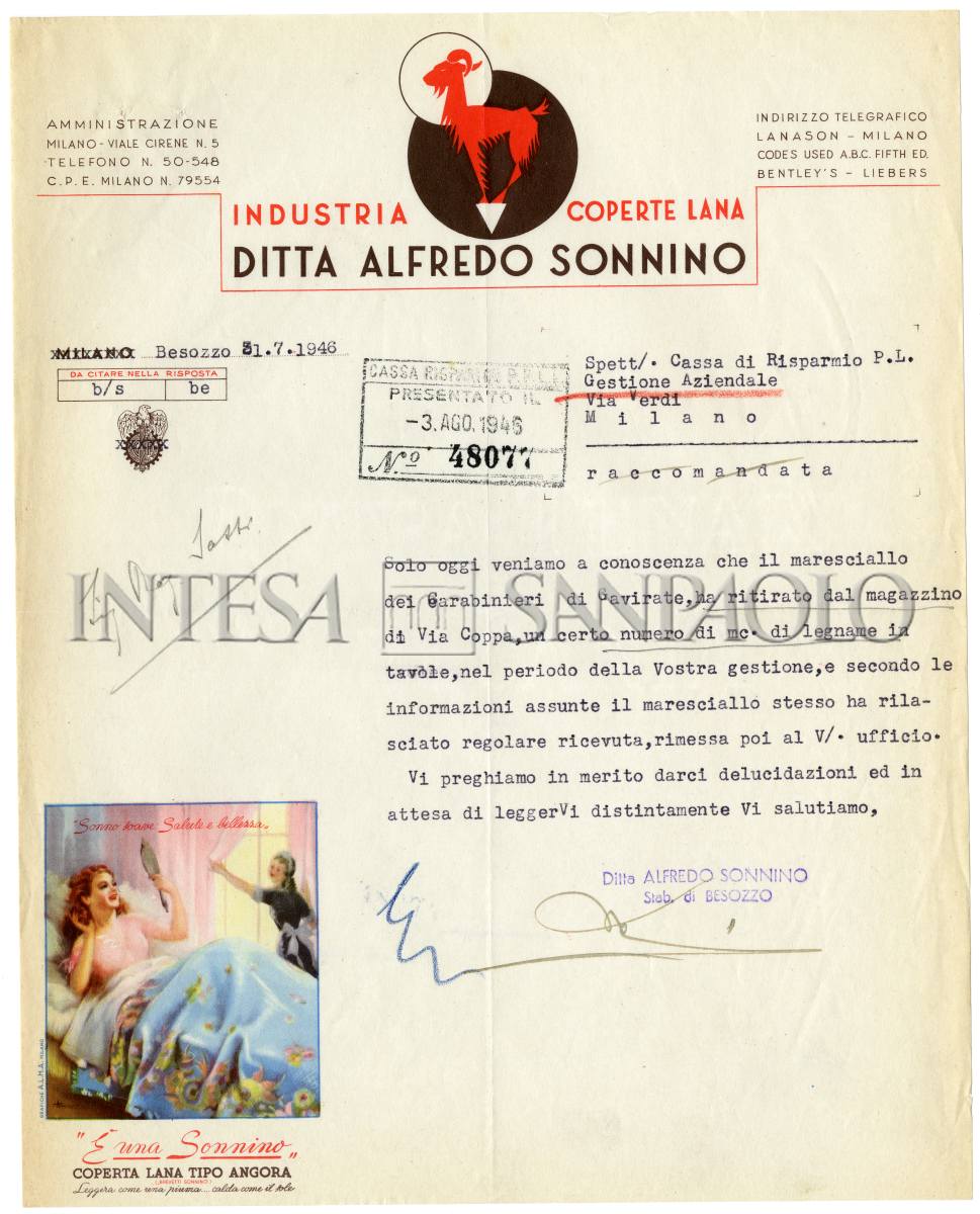 Lettera dell'azienda Alfredo Sonnino sulla requisizione di legname durante la gestione EGELI, 3 agosto 1946
